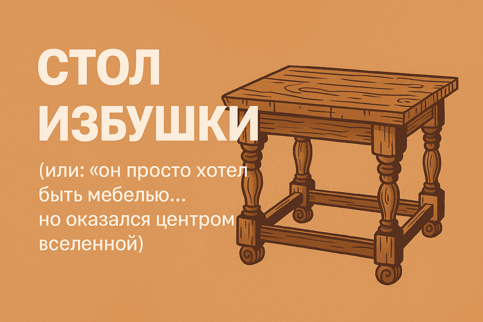 Массивный стол с резными ножками в тёплой Избушке, где столешница знает больше, чем говорит