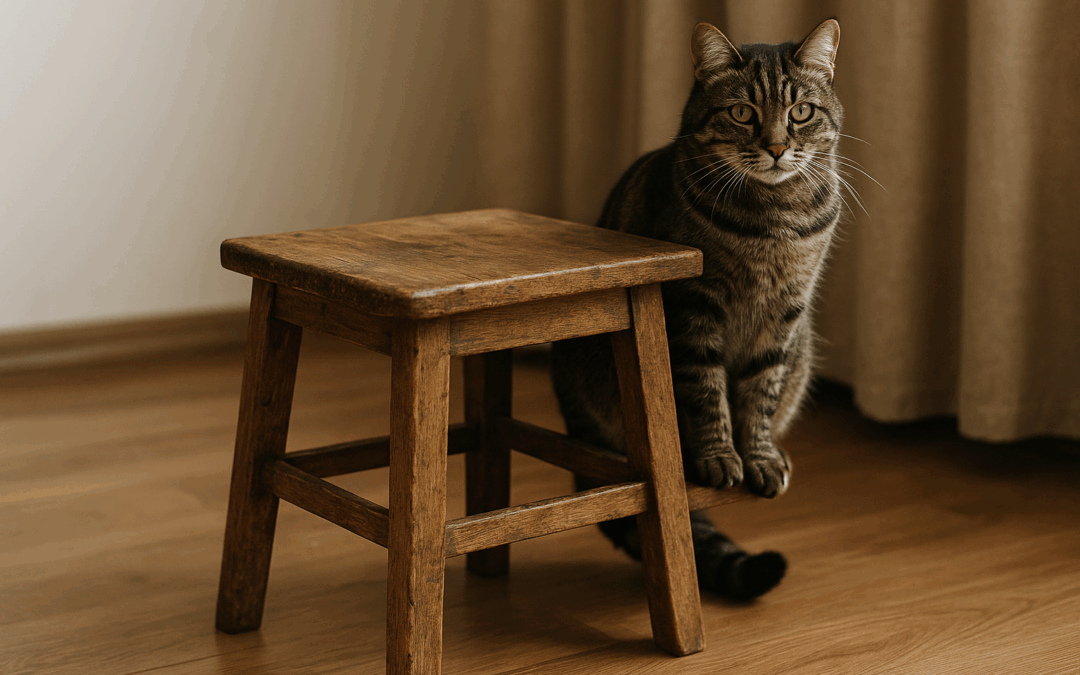 Старинная деревянная табуретка стоит на деревянном полу рядом с полосатым котом. Кот смотрит прямо в камеру, создавая атмосферу уюта и избушки.