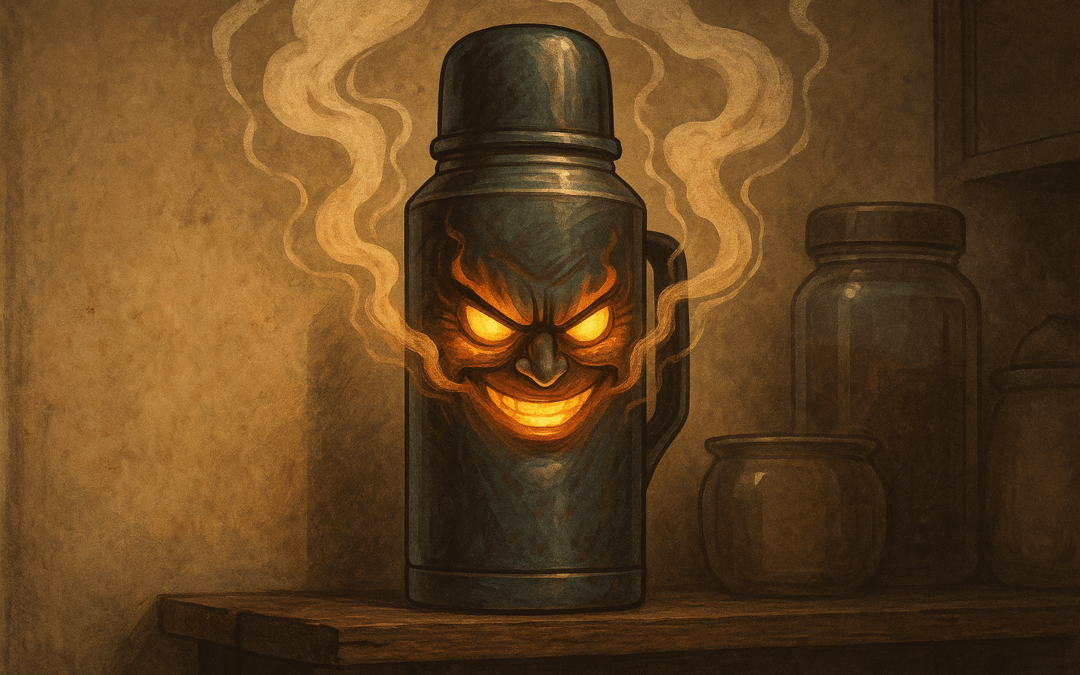 Термос с характером, стоящий на полке, окутанный паром, как будто несёт тепло изнутри.