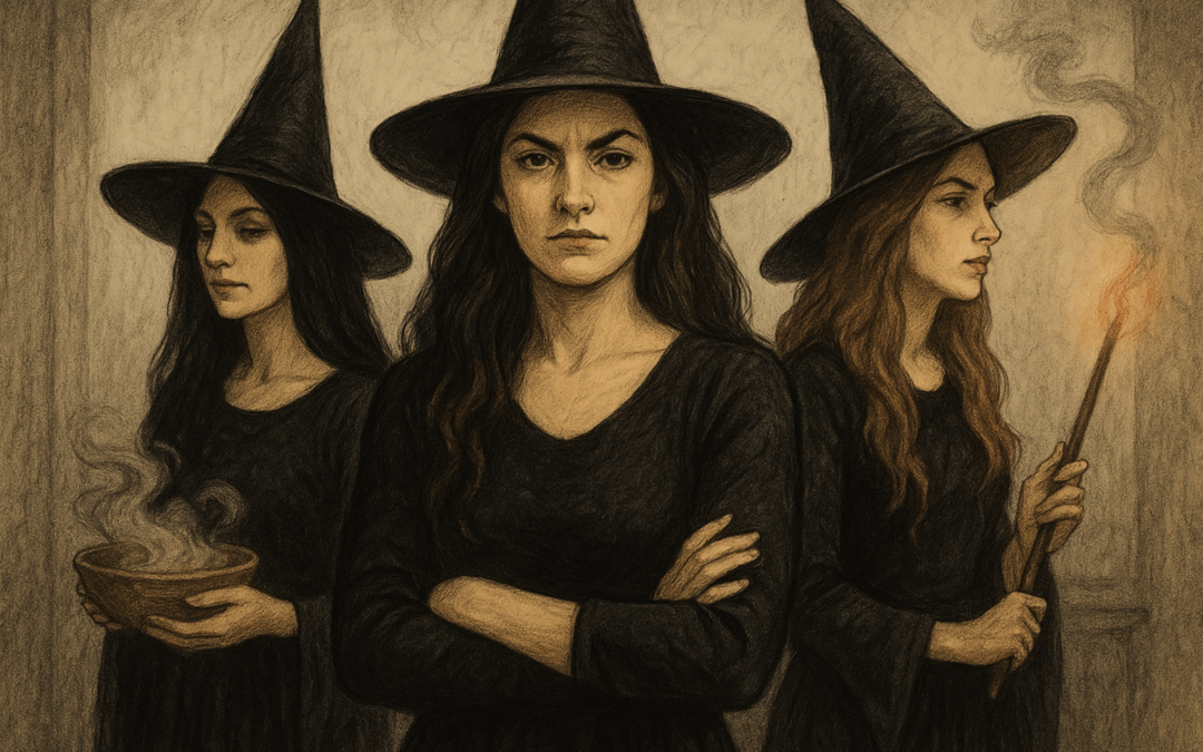 Три ведьмы в чёрных платьях и шляпах: одна с пледом и грустным взглядом, вторая — с суровым лицом и скрещёнными руками, третья — с тревожным лицом и волшебной палочкой.