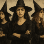 Три ведьмы в чёрных платьях и шляпах: одна с пледом и грустным взглядом, вторая — с суровым лицом и скрещёнными руками, третья — с тревожным лицом и волшебной палочкой.