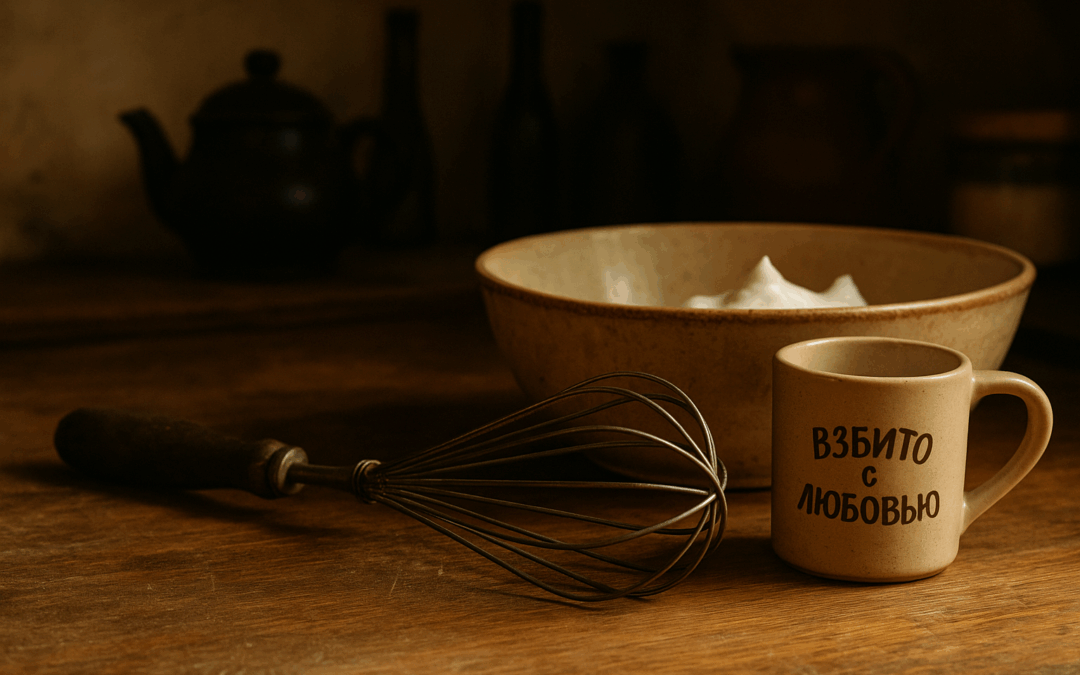 Старый венчик лежит на деревянной поверхности рядом с миской, свет мягкий, немного пыли — как воспоминание о былых кремах и взбитых мечтах