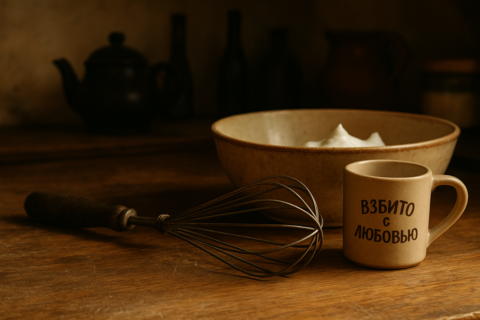 Старый венчик лежит на деревянной поверхности рядом с миской, свет мягкий, немного пыли — как воспоминание о былых кремах и взбитых мечтах