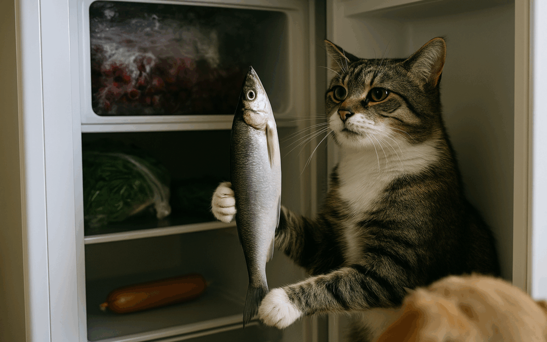 Кошак перед открытой морозильной камерой, держа в лапах большую рыбу; вокруг лёд и замороженные продукты, сцена выглядит как застигнутая на горячем.