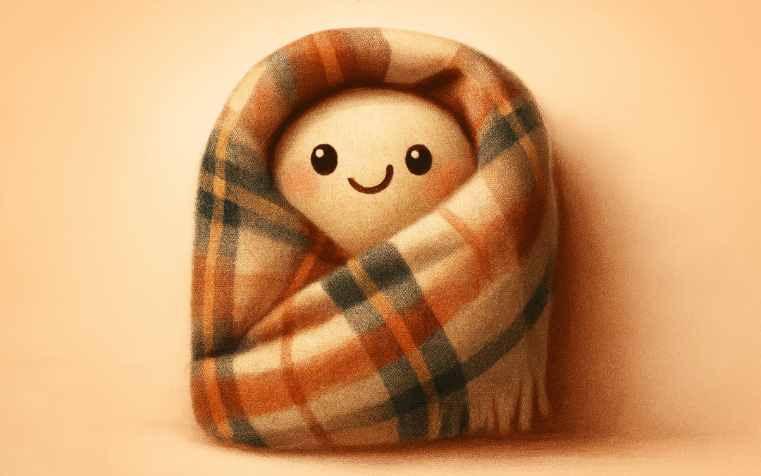 Иллюстрация пледа Паши — клетчатый плед, свёрнутый в кокон, с простым мультяшным лицом и улыбкой. Уютный, тёплый персонаж Избушки.