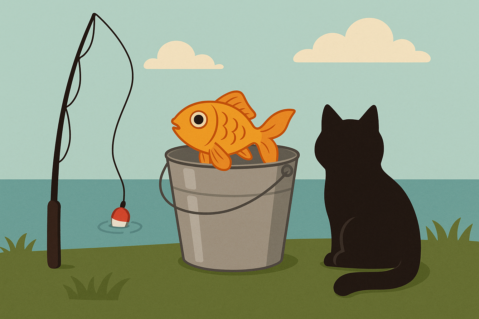Чёрный кот смотрит на золотую рыбку, сидящую в ведре у воды. Рядом — удочка с поплавком. Лёгкий мультяшный стиль, зелёная трава, голубое небо с облаками.