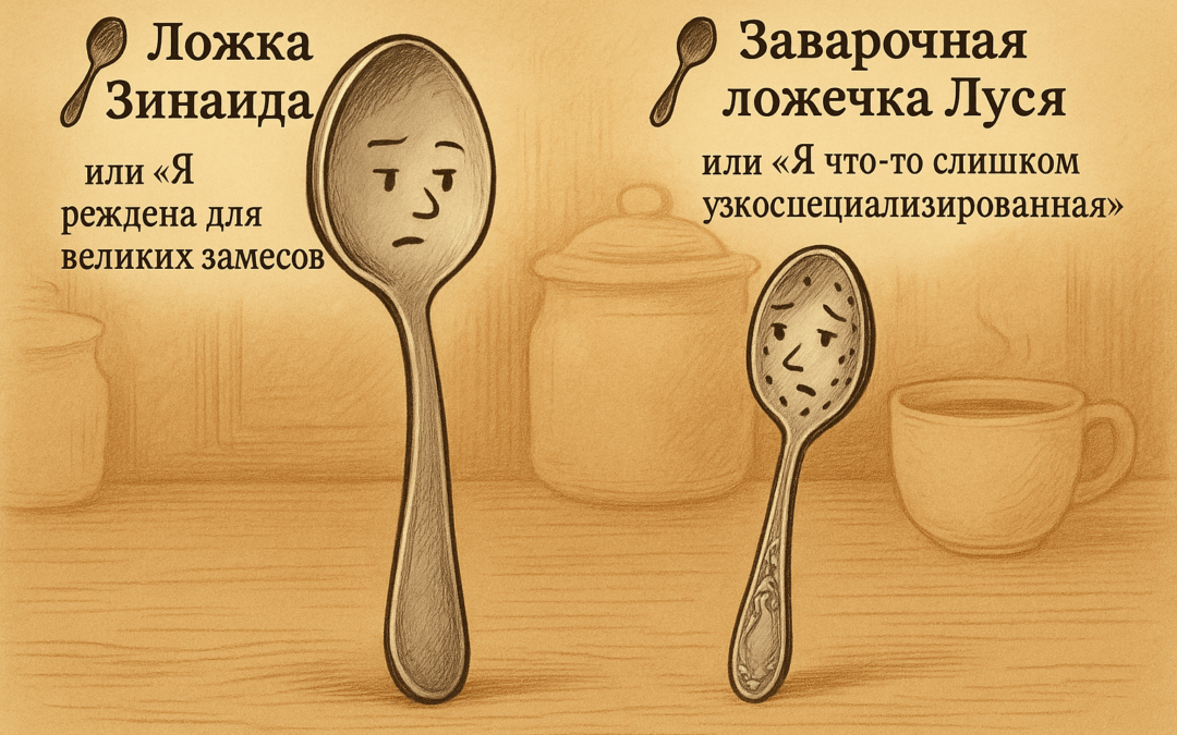 Иллюстрация: ложка и заварочная ложечка — Зинаида и Люся, философствуют на кухне