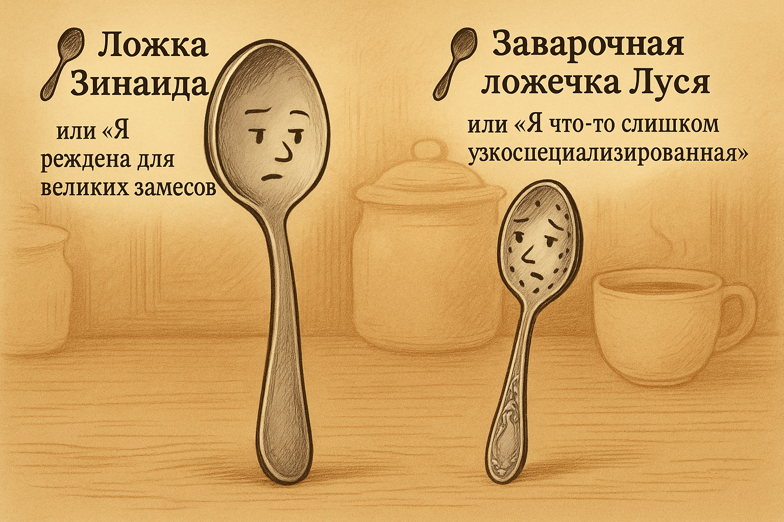 Иллюстрация: ложка и заварочная ложечка — Зинаида и Люся, философствуют на кухне