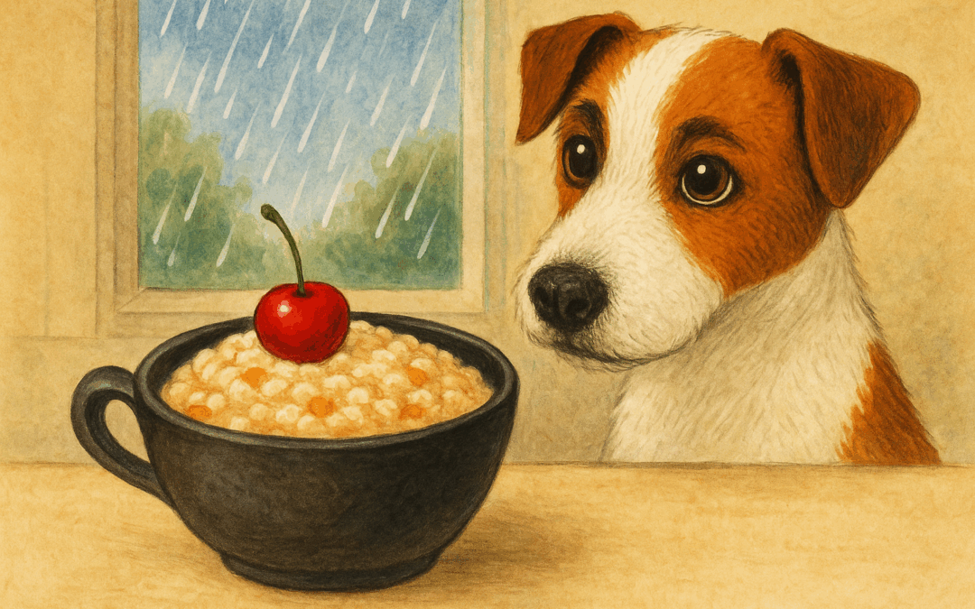 Плошка с овсяной кашей, украшенной вишенкой, на фоне кухни. Рядом фокстерьер с выразительной мордой — Тузик, в ожидании своей порции. Тёплая уютная сцена в дождливое утро.