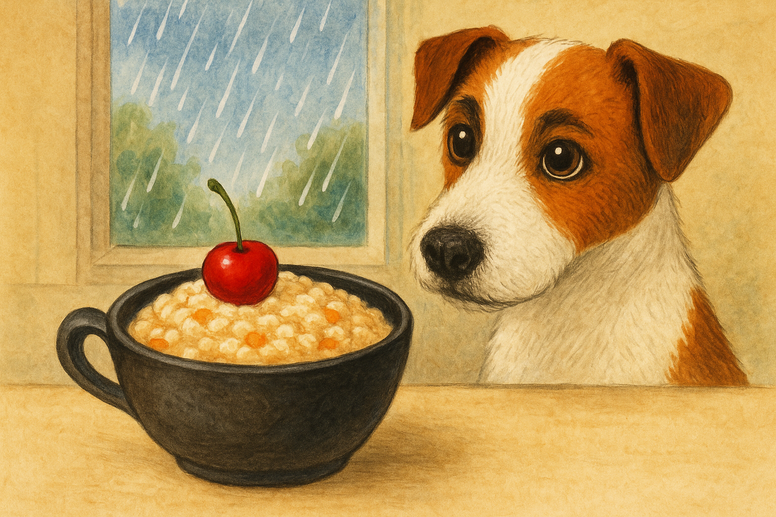 Плошка с овсяной кашей, украшенной вишенкой, на фоне кухни. Рядом фокстерьер с выразительной мордой — Тузик, в ожидании своей порции. Тёплая уютная сцена в дождливое утро.