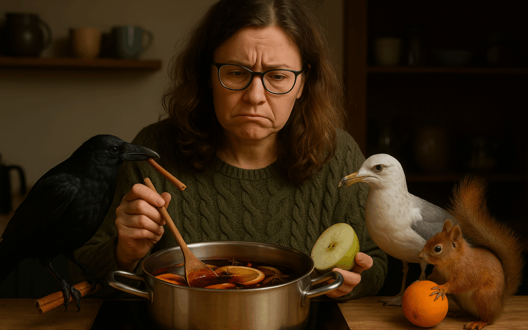 Женщина средних лет в очках и вязаном свитере с серьёзным выражением лица варит безалкогольный глинтвейн на кухне. В кастрюле — дольки апельсина и специи. Рядом с ней — ворона с палочкой корицы, чайка сдержанно смотрит на кастрюлю, а белка держит апельсин. Атмосфера тепла, абсурда и лёгкого кухонного хаоса.