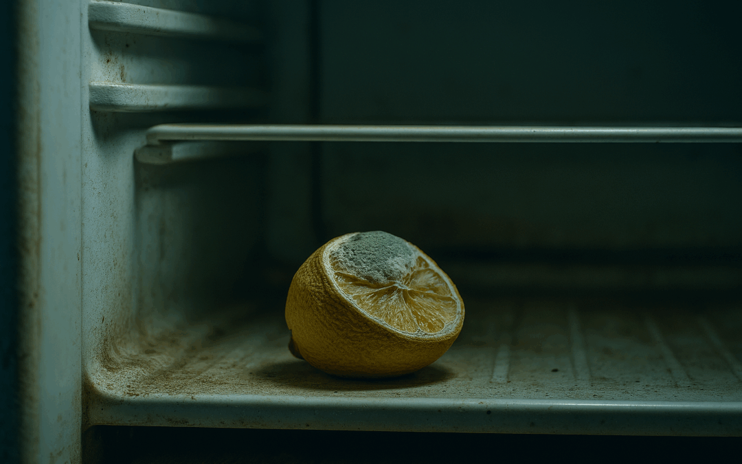 Засохший лимон с плесенью лежит на полке внутри старого холодильника. Свет тусклый, атмосфера тревожная. Это не просто фрукт — это древний дух Ци, который не хочет быть выброшенным.