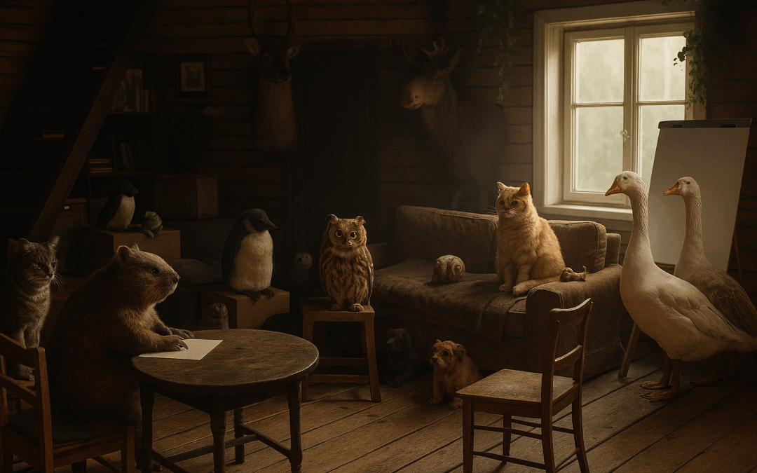 Внутри уютной, слегка хаотичной Избушки собрались звери и Гуси на фэншуй-конференцию. Белый и Серый стоят у доски, остальные расселись кто где: Кошак на табуретке, Бобр с блокнотом, Сова ведёт встречу, а Плед Паша сложен в углу, переживая перемещения. Диван стоит поперёк комнаты, как корабль в песках. Свет мягкий, атмосфера напряжённо-терапевтическая. Все слегка перекошены — мебель, звери, эмоциональные состояния. Это не просто встреча — это попытка понять, как жить дальше после фэншуйного бедлама.