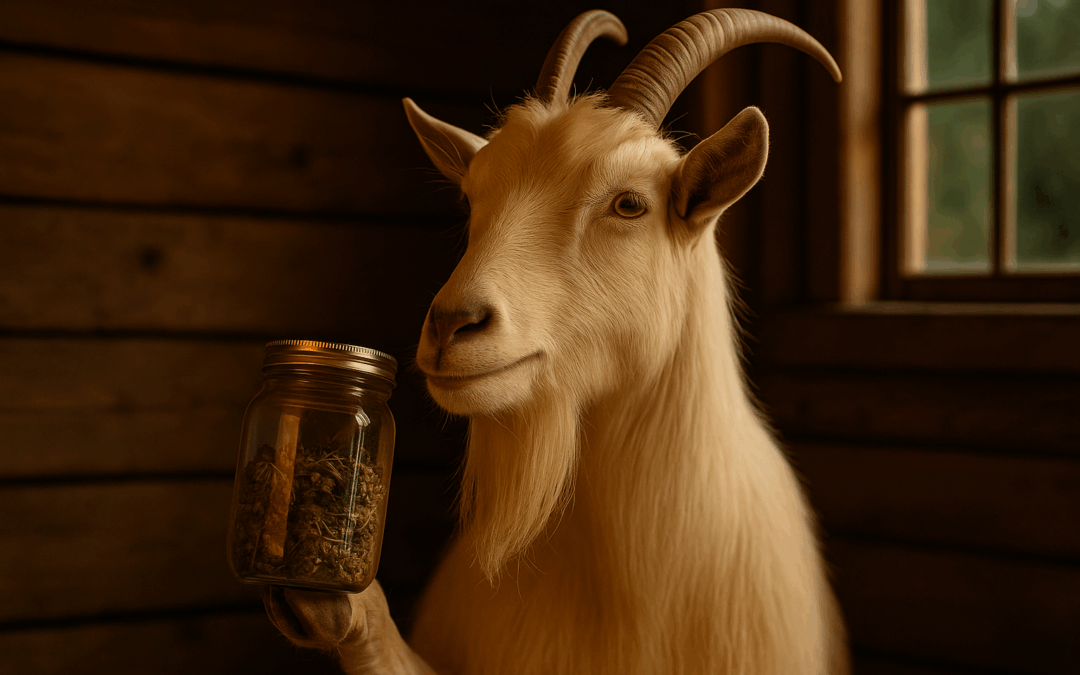 Козёл Иван в Избушке с банкой зелёной «научной работы» в копыте, задумчивый и философский, в тёплом свете у окна деревянного дома.