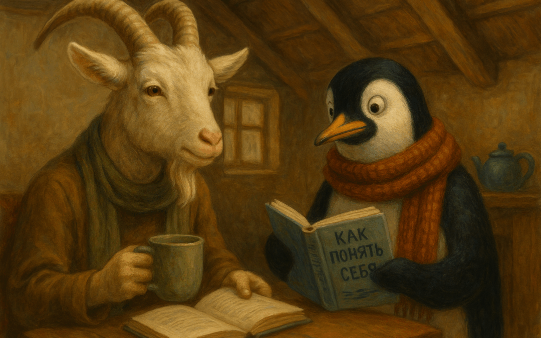 На чердаке сидят антропоморфные Козёл и Пингвин. Козёл с кружкой и книгой по философии, Пингвин в шарфе читает «Как понять себя». Между ними — чайник и тёплая тишина.