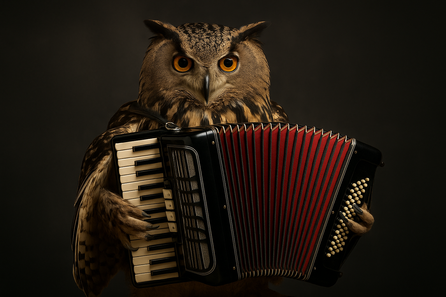 Сова с серьёзным лицом играет на баяне на кухне ночью. Рядом компот, ложки и ощущение вселенской важности.