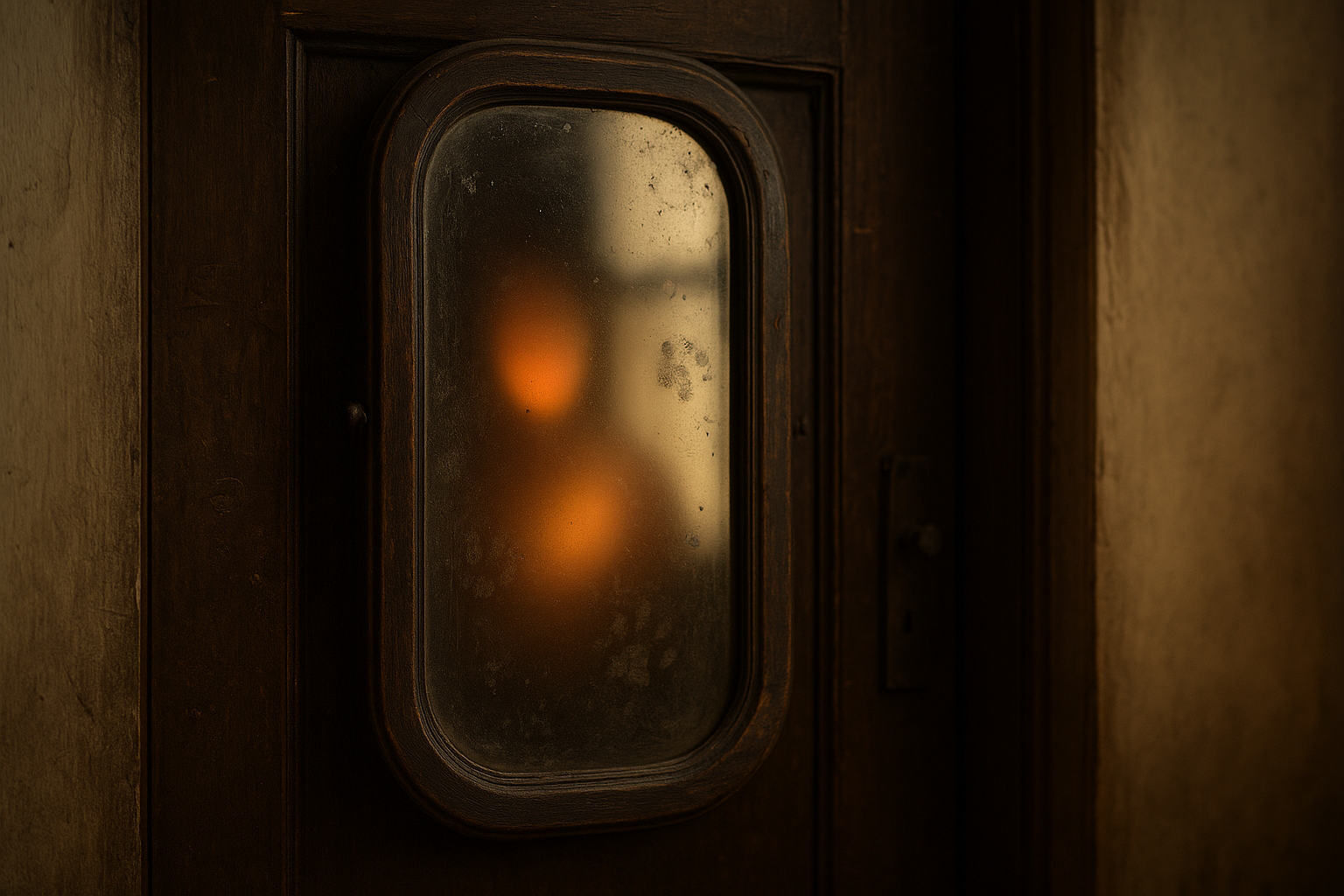 Фотореалистичное зеркало у двери в Избушке, старое овальное стекло с отпечатками лап и отблеском чего-то странного — будто отражение дышит своей жизнью.