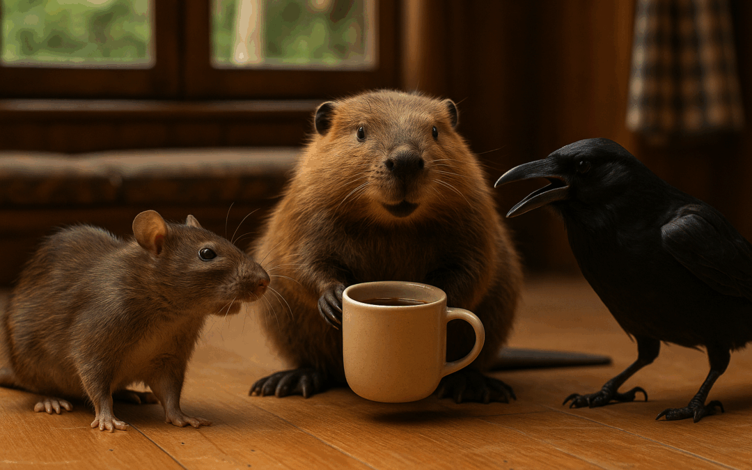 Крыса, бобёр и ворона сидят на деревянном полу в уютной избушке. Бобёр спокойно держит кружку, расположившись между ссорящейся крысой и ворона, которые смотрят друг на друга с напряжением. Сквозь окно видно зелёный лес, а в помещении — мягкий свет и тепло, как будто кто-то только что сварил компот.