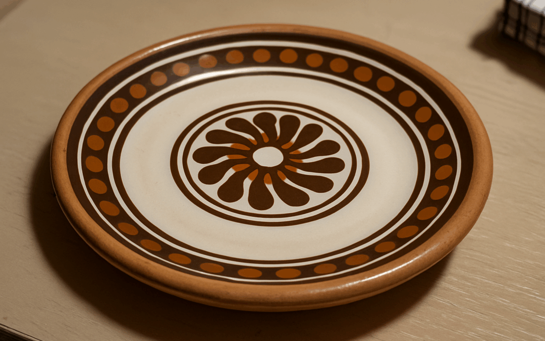 Керамическое блюдце с традиционным узором в коричневых и охристых тонах на деревянной поверхности, в мягком теплом свете