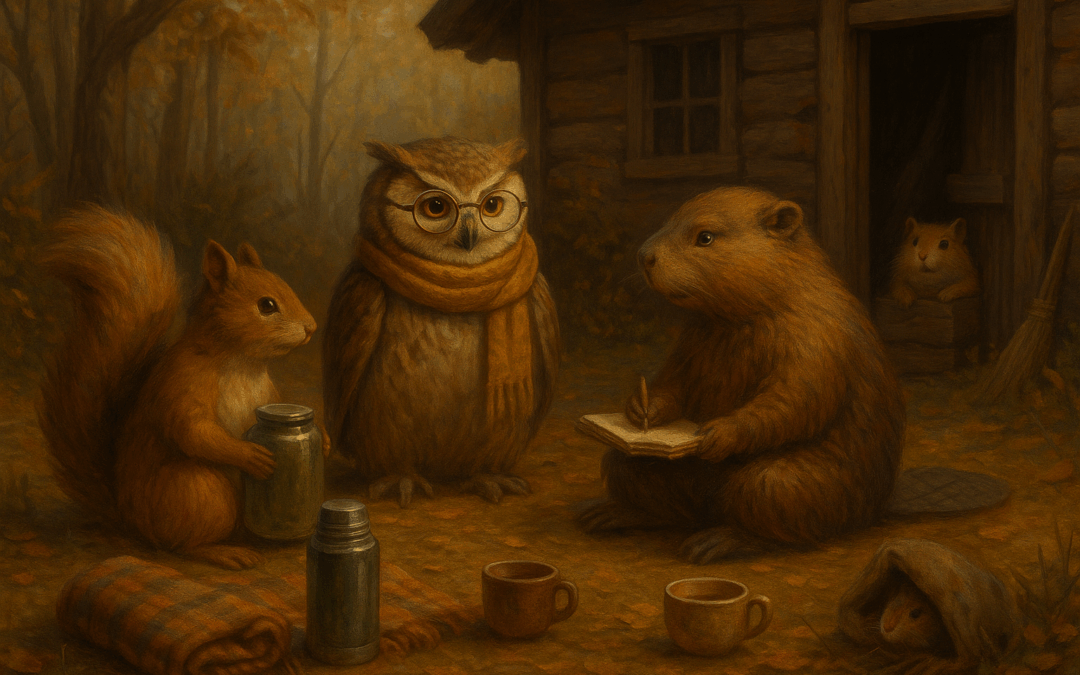 Фотореалистичная лесная поляна у избушки в тёплых осенних тонах, сидят звери в кругу: сова в очках, бобр с блокнотом, белка с банкой, хомяк выглядывает из кладовки, плед, чай, уют