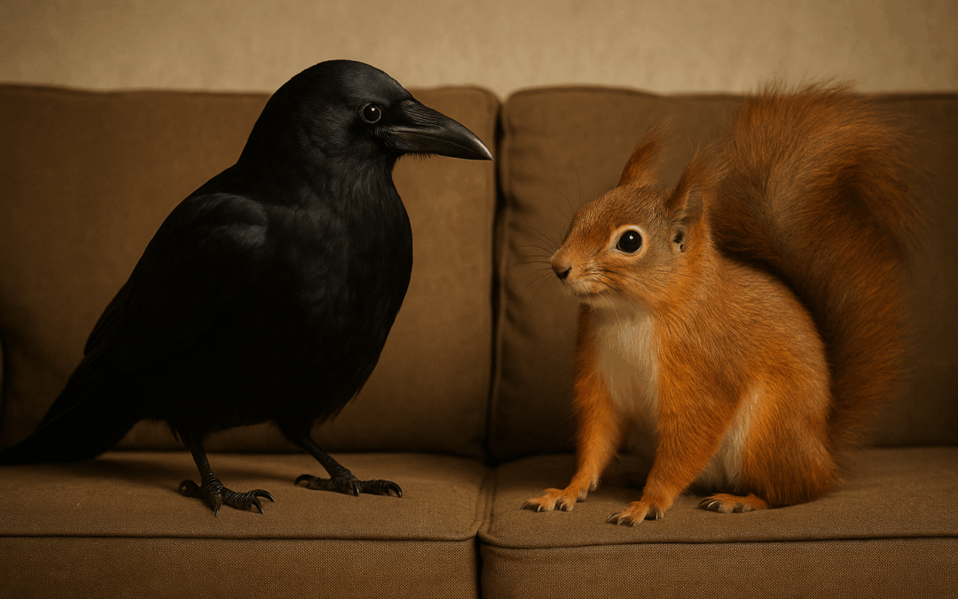 Чёрная ворона и рыжая белка сидят рядом на коричневом диване, будто обсуждают что-то важное. Атмосфера уютная, слегка абсурдная — как и положено в Избушке.