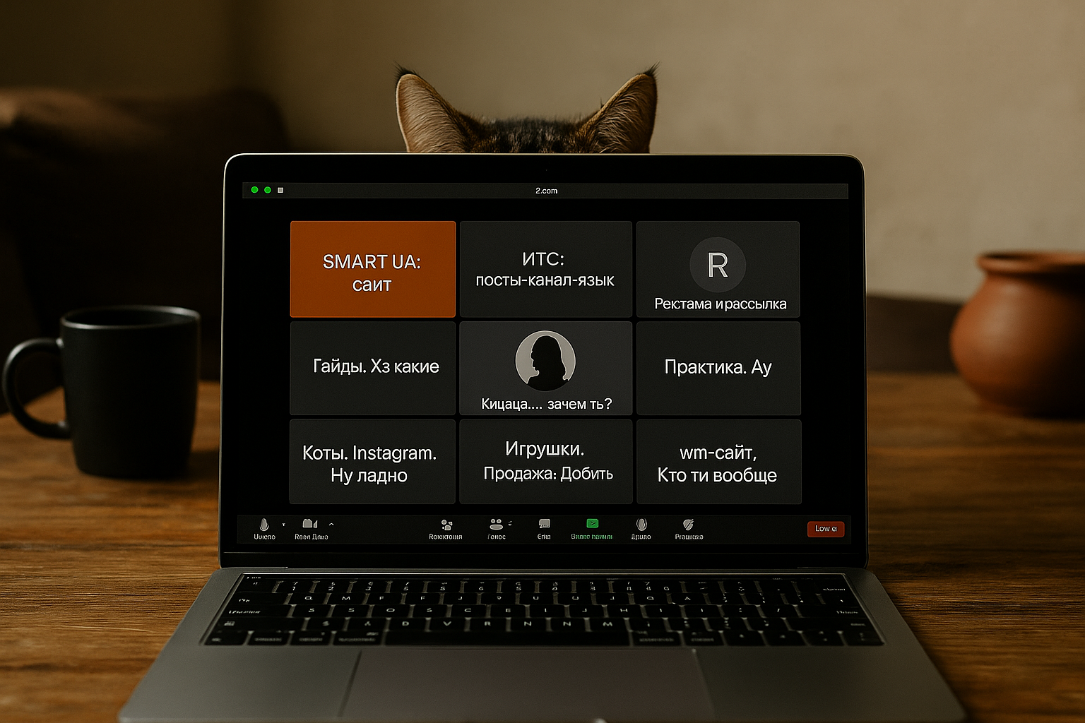 Фотореалистичное изображение ноутбука на деревянном столе. За экраном видны уши кота. На экране — Zoom-конференция с девятью участниками, подписанными как проекты: «SMART UA: сайт», «ИТС: посты-канал-язык», «Кицаца... зачем ты?» и др. Рядом на столе — чёрная кружка и глиняная чашка. Атмосфера уютная, с тёплым светом и лёгким абсурдом.