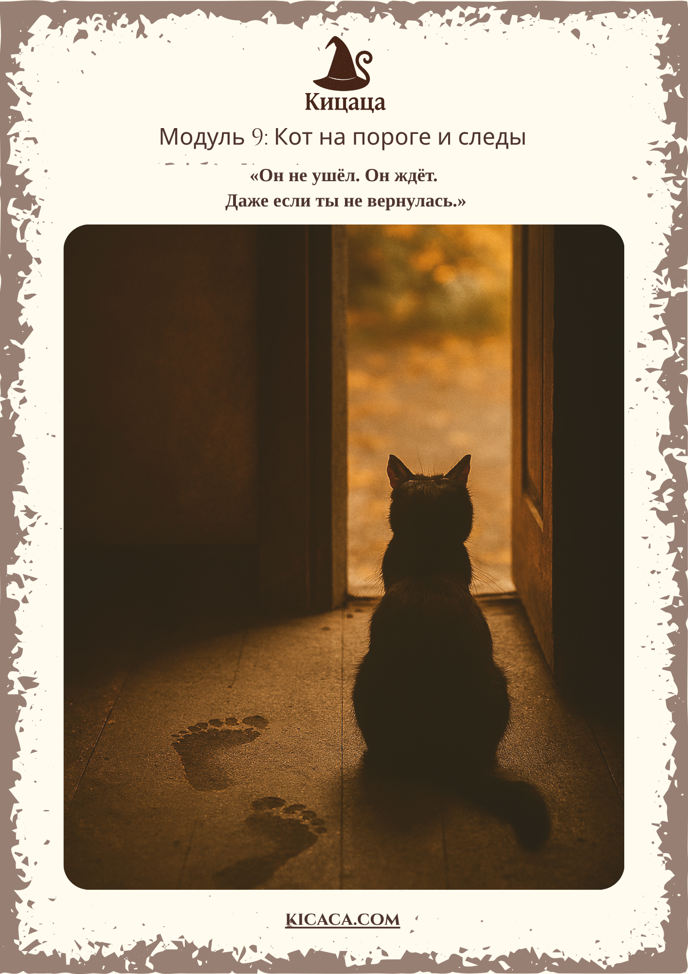 Кот сидит на пороге и смотрит в сторону следов. Он ждёт