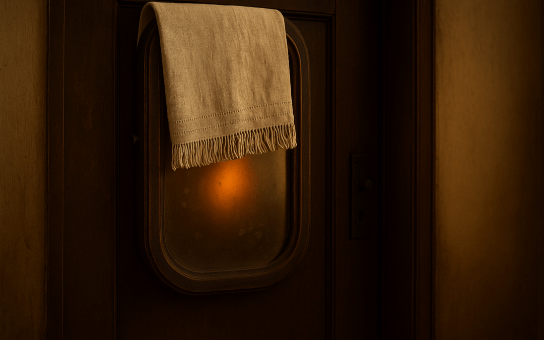 Старинное зеркало на деревянной двери, в отражении — тёплое размытое свечение. На зеркале висит полотенце с бахромой, немного криво, как будто не по своей воле.