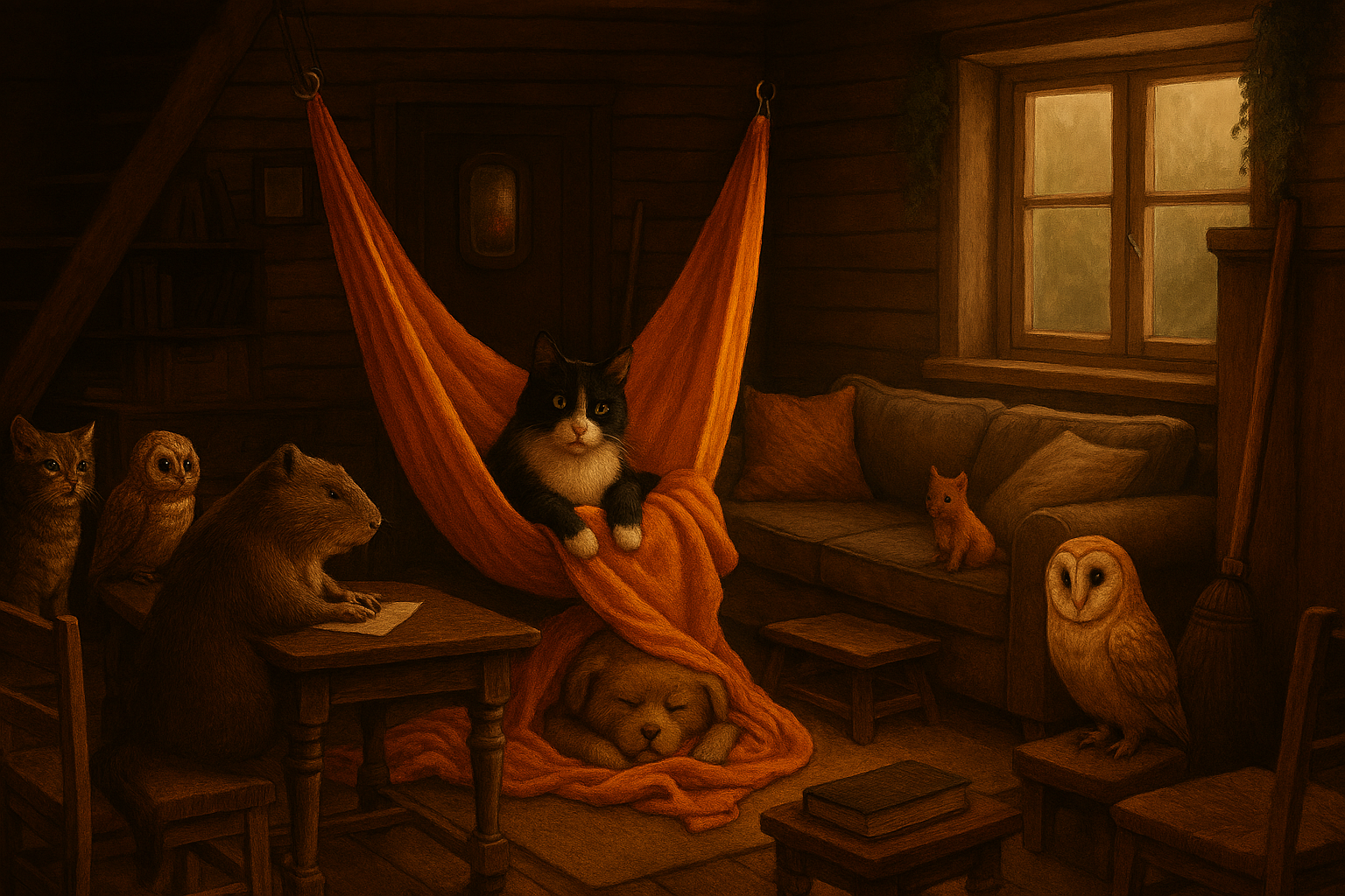 Интерьер уютной деревянной Избушки с оранжевым йоговским гамаком, подвешенным на анкерных кольцах под потолком. В гамаке сидит чёрно-белый кот с зелёными глазами, рядом — плюшевый Ждун, полуспящий под оранжевым пледом. За деревянным резным столом капибара пишет что-то на бумаге, рядом сидит сова. На диване — белка и сова, у окна — мягкий свет, лестница ведёт на чердак. У двери — зеркало Джипи и метла. Атмосфера тёплая, хаотичная, с элементами магии и юмора.