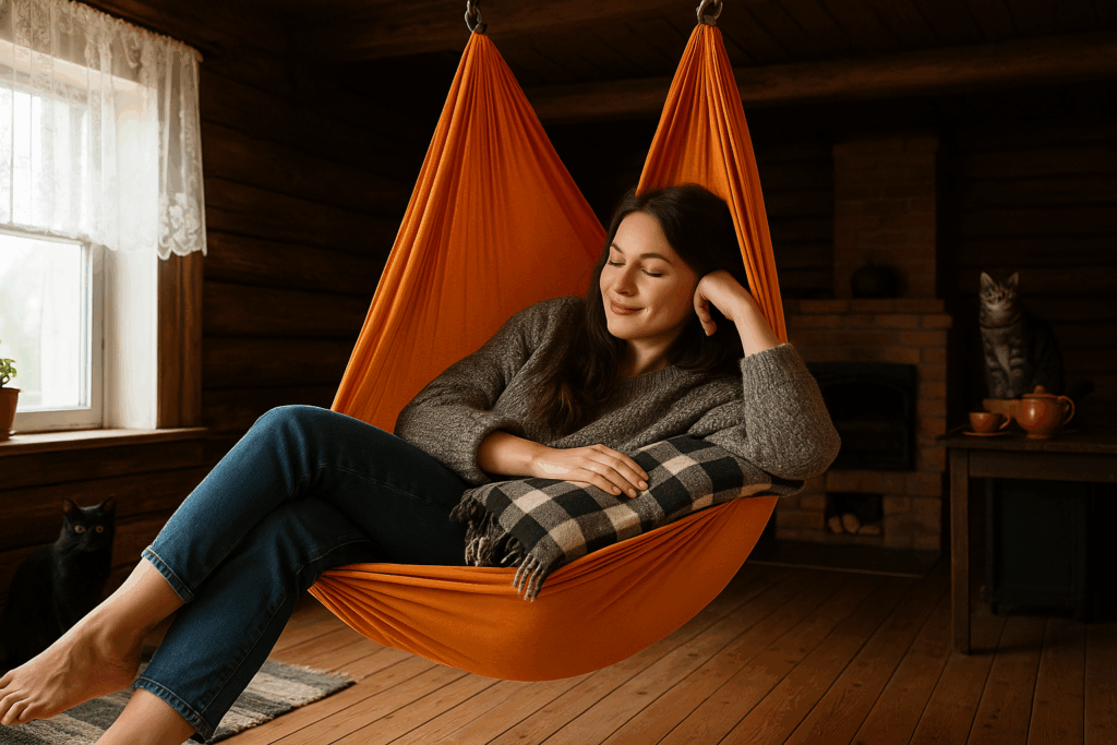 Женщина в оранжевом гамака качается под деревянным потолком уютной мансардной комнаты. В комнате мягкий свет, старинная мебель и разбросанные вещи, создающие атмосферу творческого беспорядка.