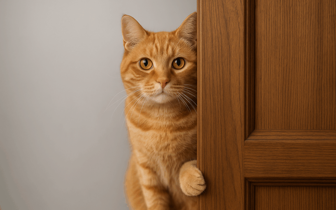 Рыжий Кошак выглядывает из-за приоткрытой деревянной двери, пристально глядя, как будто оценивает хаос и ищет доступ к холодильнику.