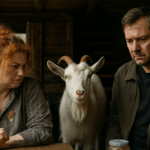 Женщина и мужчина сидят за столом рядом с белым козлом — сцена с неожиданными гостями в деревенской избушке.