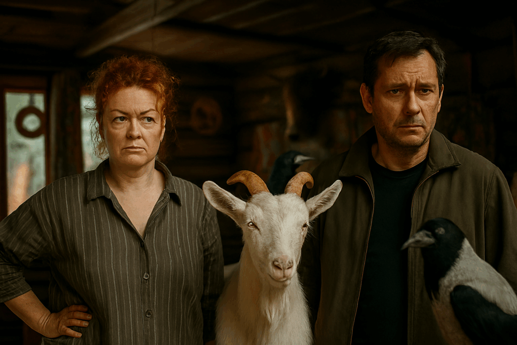 Женщина, мужчина, козёл и ворона стоят в полутёмной деревянной комнате, создавая абсурдно-серьёзную атмосферу.