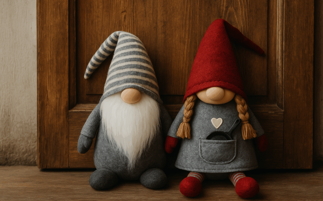 Два мягких гнома сидят у деревянной двери: один в полосатой шапке с бородой, другой — гномиха с косичками и маленькой сковородкой в кармане.