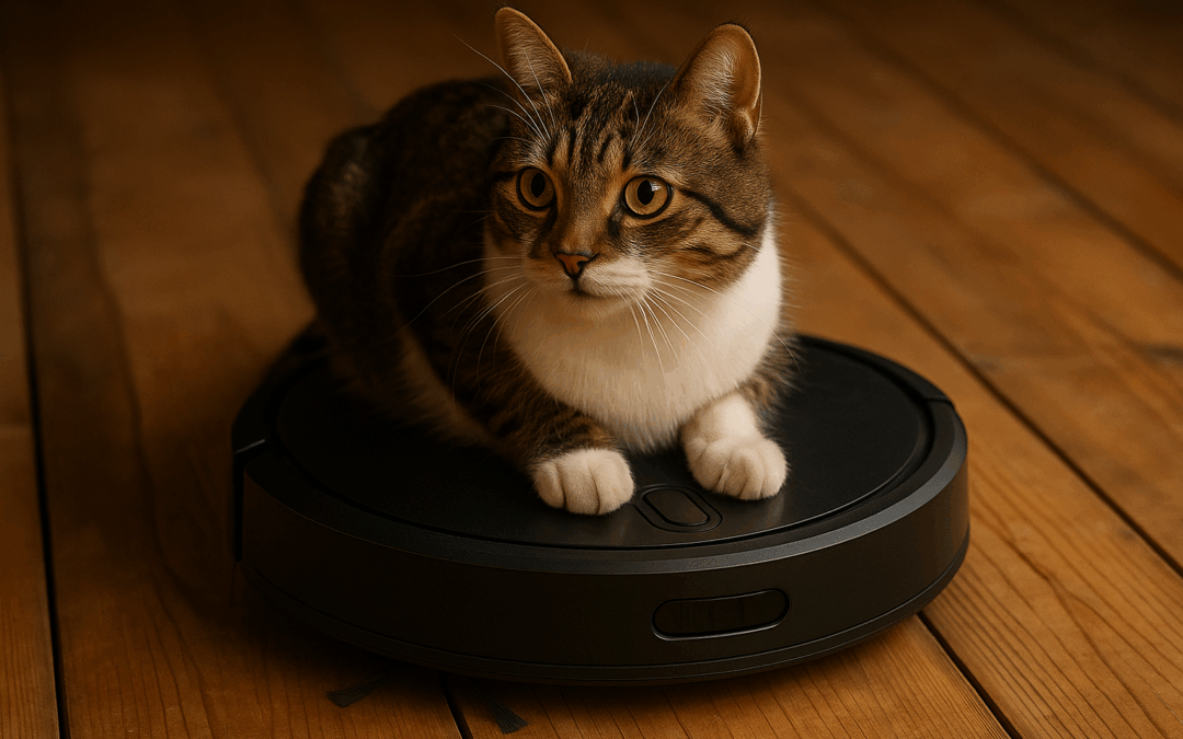 Полосатый Кошак восседает на чёрном роботе-пылесосе, уверенно устроившись на его корпусе. Под ним — деревянный пол Избушки, вокруг — запах философии и шерсти.