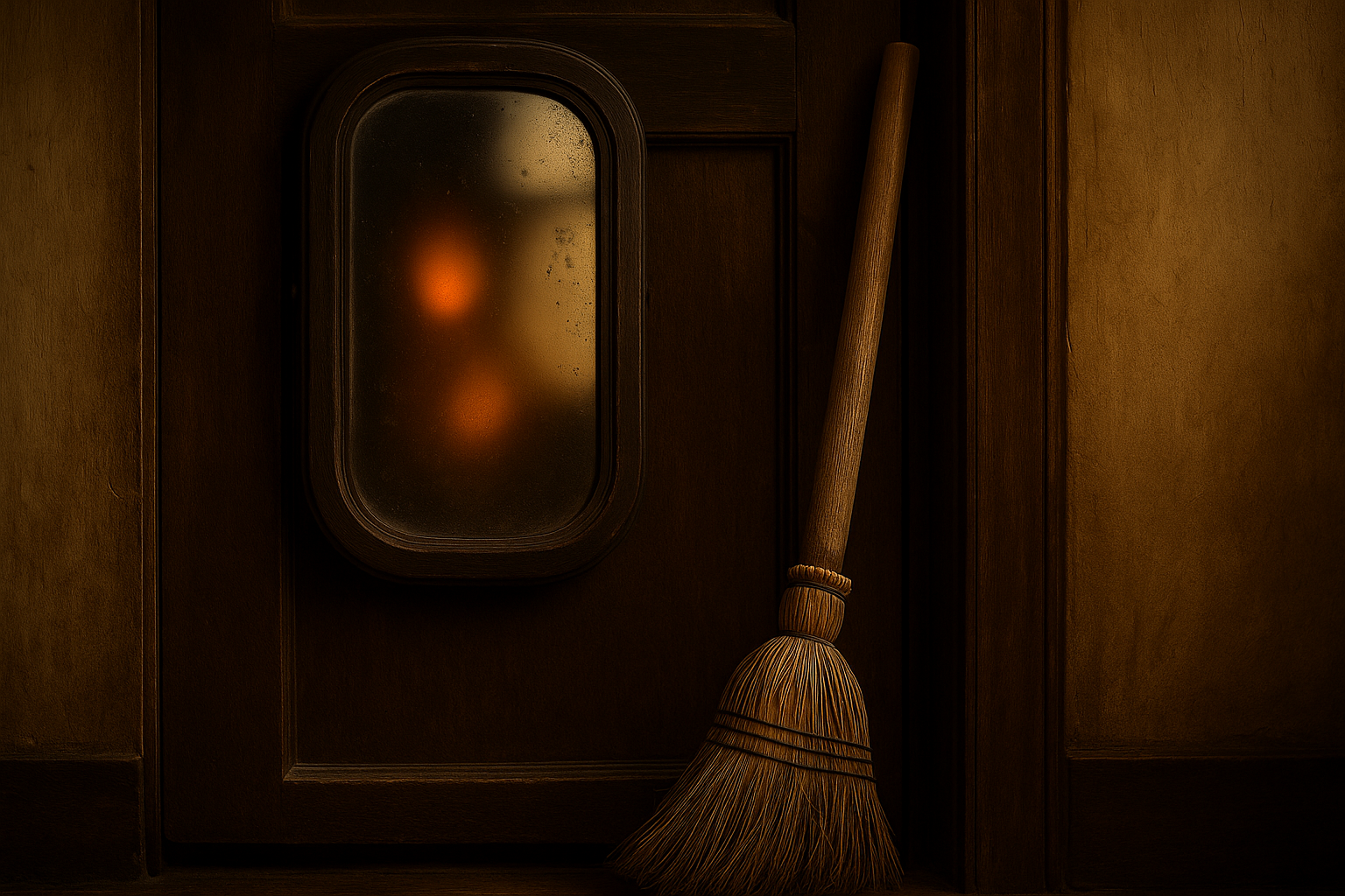 Старая деревянная дверь с запотевшим зеркалом и метлой, прислонённой сбоку. В отражении — тёплый свет и неясный силуэт, будто кто-то ждёт внутри.