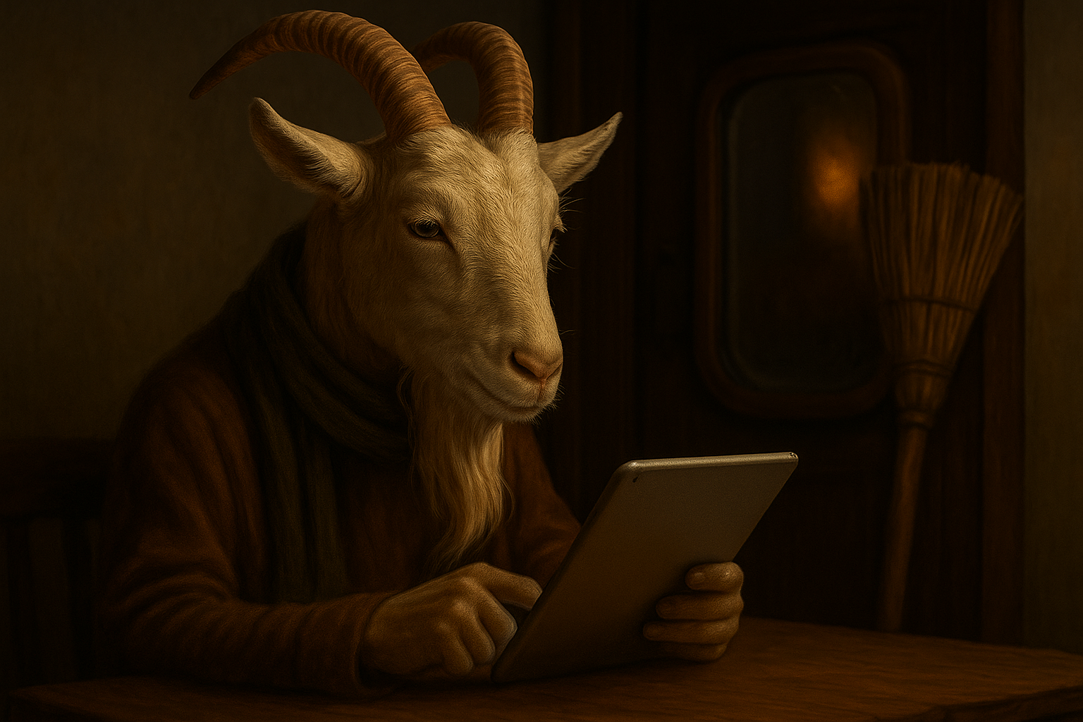 Белый козёл с тёплым взглядом сидит за деревянным столом в уютной комнате, увлечённо изучая планшет. Позади — старая дверь с зеркалом и прислонённая к ней метла. Атмосфера тёплая и немного таинственная, как будто козёл готовится к чему-то важному.