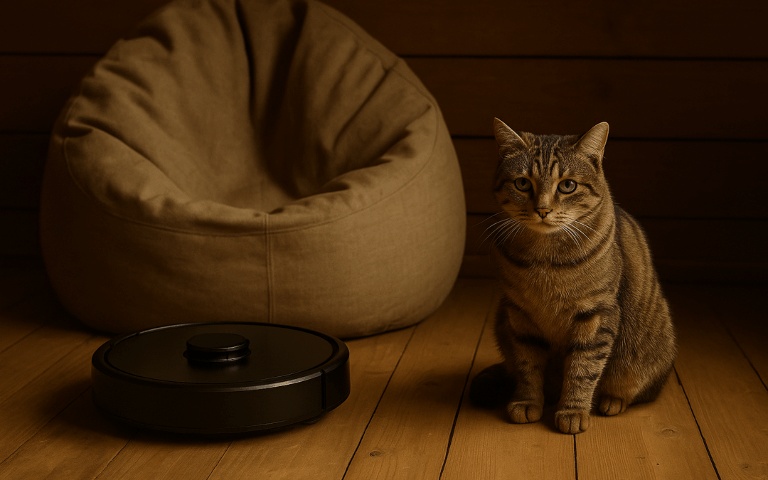 Полосатый Кошак сидит с виноватым видом рядом с креслом-мешком и роботом-пылесосом. Деревянный пол, тёплый свет и атмосфера «я случайно, честно».