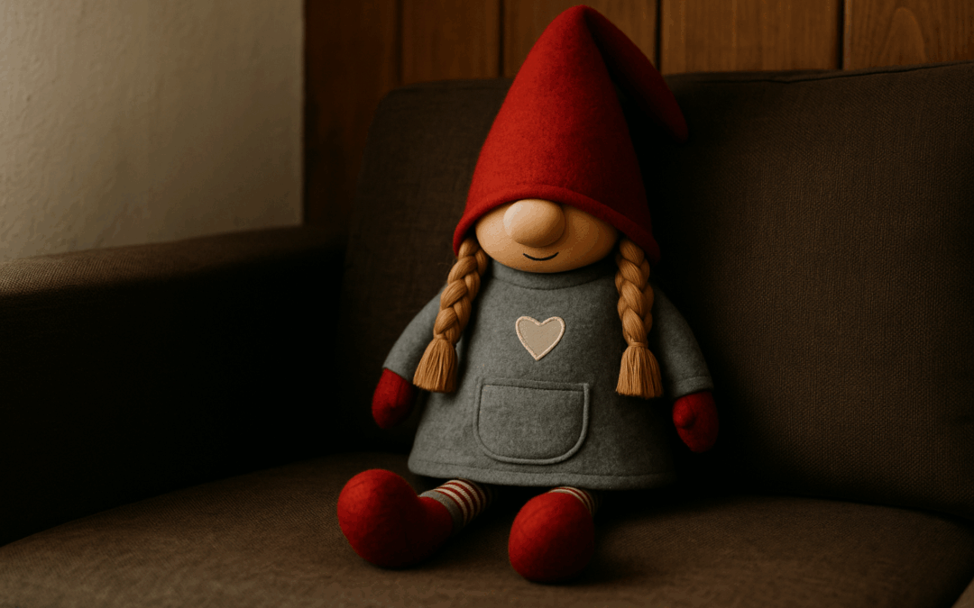 Гномиха красной шапке и сером платье неподвижно сидит на диване