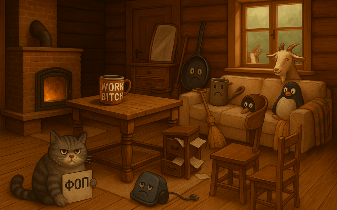 Интерьер деревянной избушки: тёплый свет, простая мебель, кресло, комод, камин и тишина. Комната будто затаилась в ожидании возвращения ведьмы.