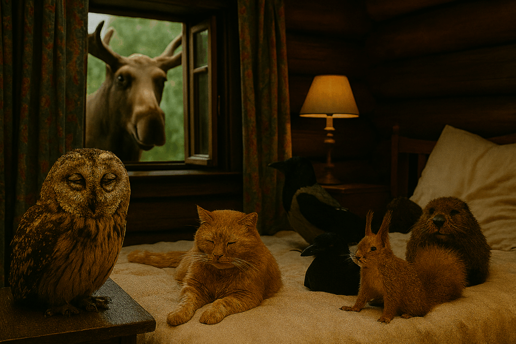 Звериная группа в тёплой комнате: кот, белка, сова и другие животные создают абсурдно-серьёзную атмосферу встречи.