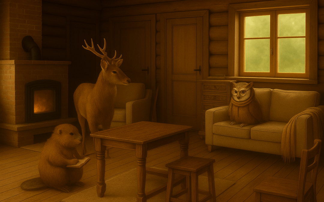 Интерьер уютной деревянной избушки: Олень стоит у стола, Бобёр сидит с блокнотом, а Сова в очках устроилась на диване. Тепло, лампово, Психолесье в действии.