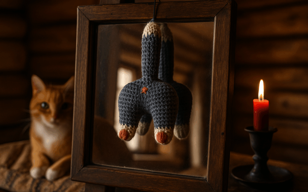 Вязаная игрушка-котозад с поднятым хвостом: серый кот, белые лапы, аккуратные бубенцы и крестик, подвешенный как ёлочная игрушка.