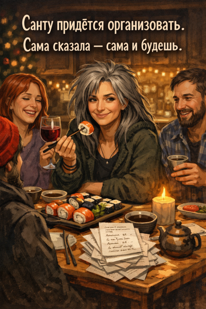 четверо друзей ужинают за деревянным столом, украшенным свечой, суши и стопкой листочков с желаниями. В центре — женщина с растрёпанными седыми волосами (Кицаца), с улыбкой держащая ролл. Надпись: «Санту придётся организовать. Сама сказала — сама и будешь.» Атмосфера уютная, немного праздничная и слегка абсурдная.