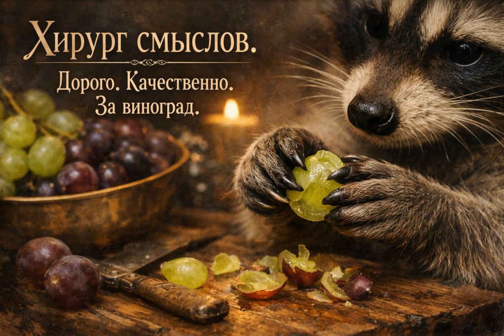 Енот в тёплом полутёмном свете сосредоточенно чистит виноградину лапками, как будто проводит ревизию реальности. Уютная ведьминская атмосфера, виноград на столе. Текст на изображении: «Хирург смыслов. Дорого. Качественно. За виноград».