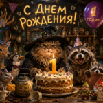 С днём рождения, Избушка! На картинке — примерно половина её обитателей. Остальные, скорее всего, опаздывают, спорят, шантажируют Кошака или прячутся за чайником